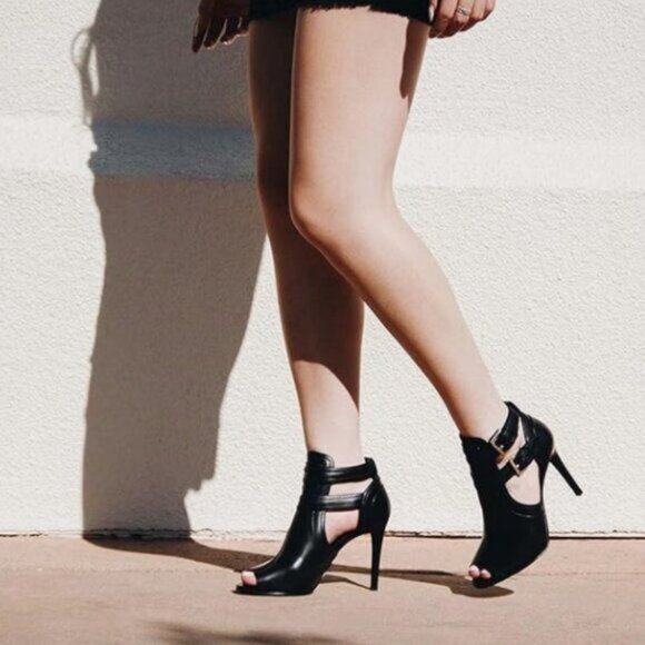 XYD Black Peep Toe Ankle Bootie High Heels Buckled Double Straps Cutout Shoes - Picture 1 of 8